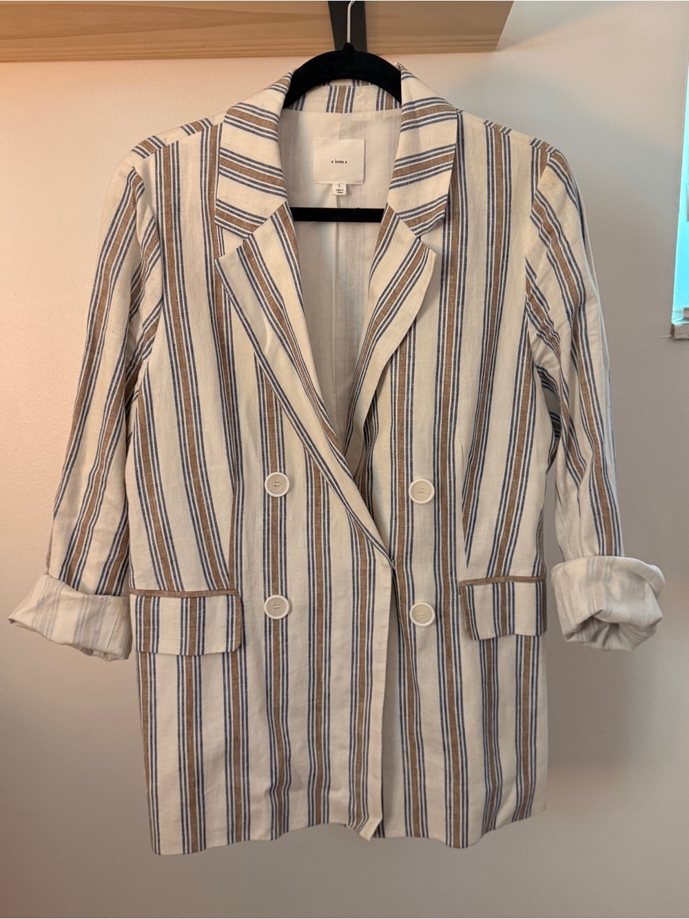 55% linen 45% cotton Striped Double-Breasted Blazer in Cream, Blue & Tan